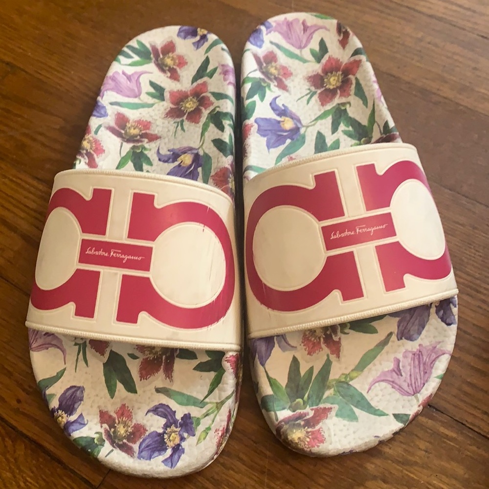 Salvador Ferragamo beach slides.